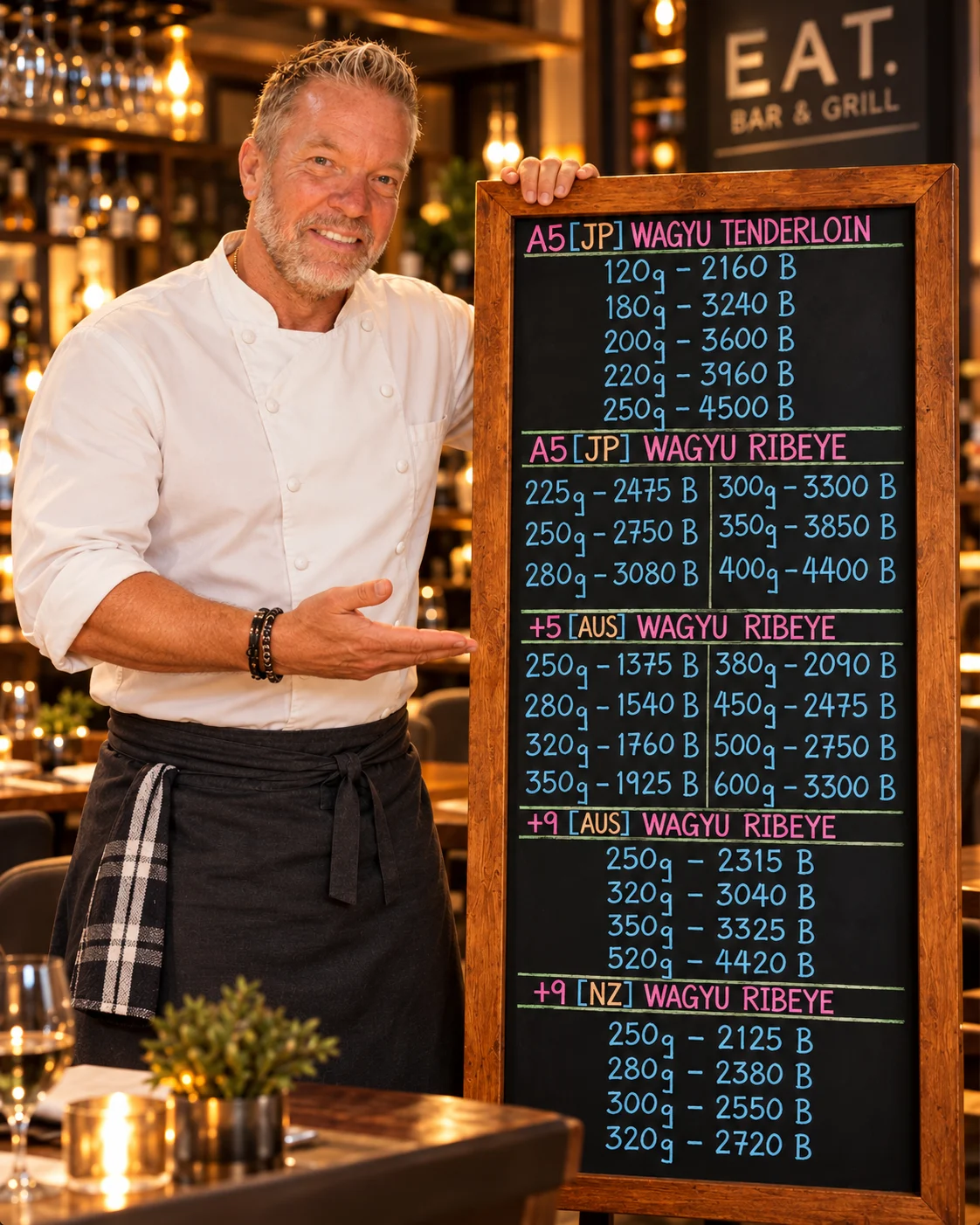 Christer presenting an illustrative premium Wagyu blackboard
