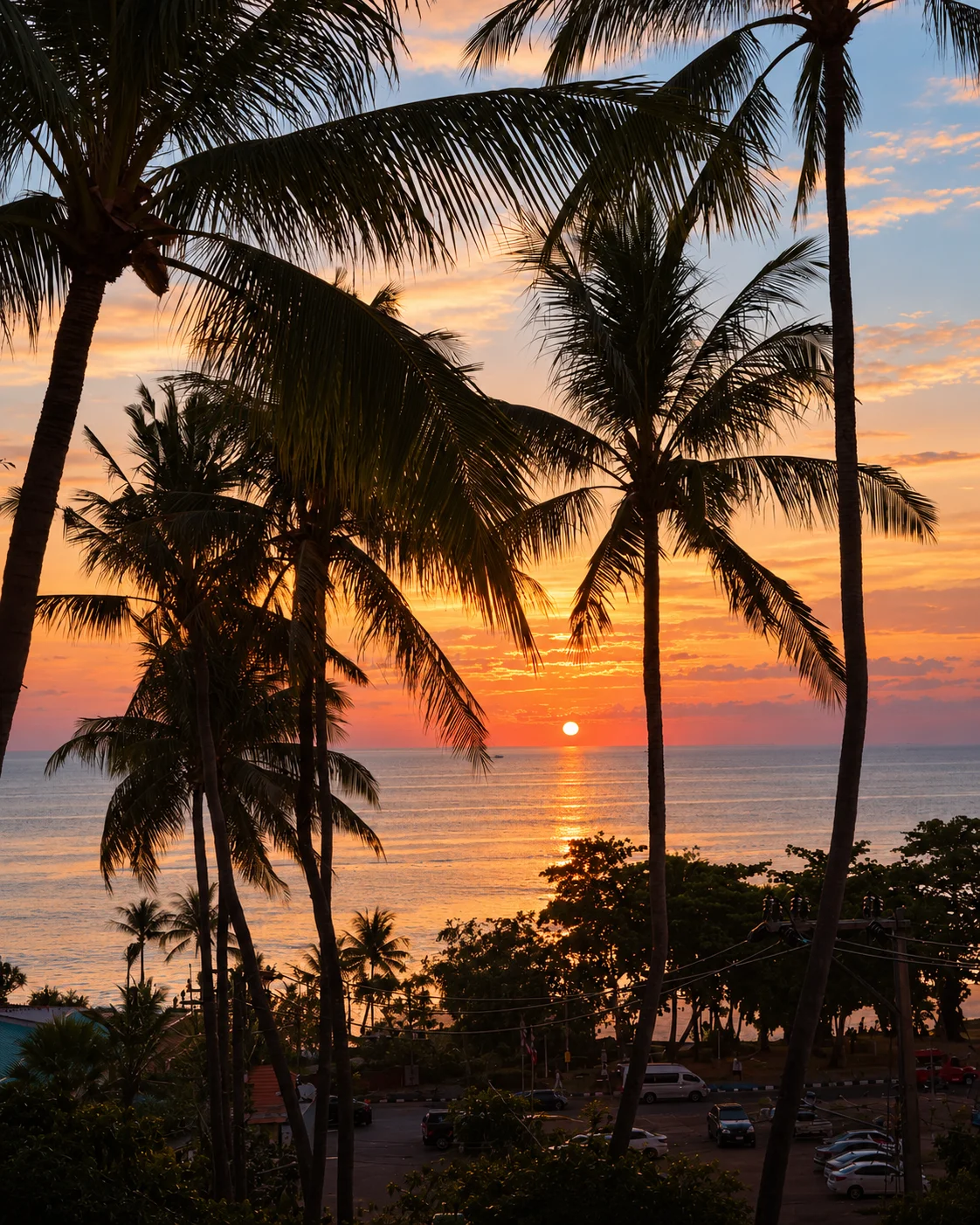 Text-free sunset view over Karon Beach framed by palm trees